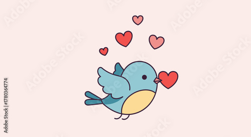 Cute Blue Bird Delivering Love with Hearts Illustration.