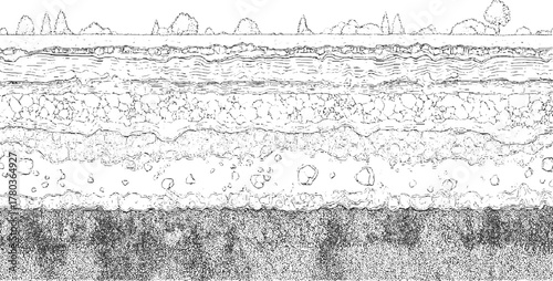 Black and white illustration of geological strata layers with trees on horizon geology earth
