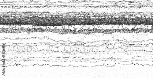 Black and white graphic representation of geological strata layers abstract background