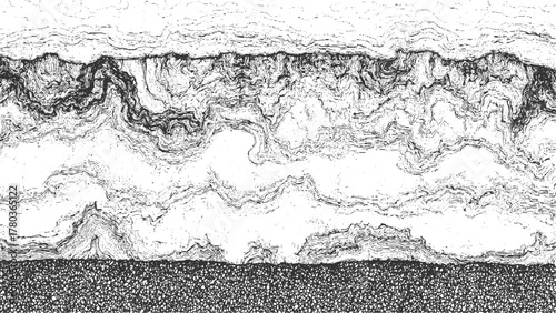 Abstract black and white line art texture with organic wavy patterns and granular base vector