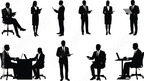 Business professional silhouettes, office interaction, formal attire, laptop use, document reading, presentation, teamwork, corporate posture, workplace activity, meeting