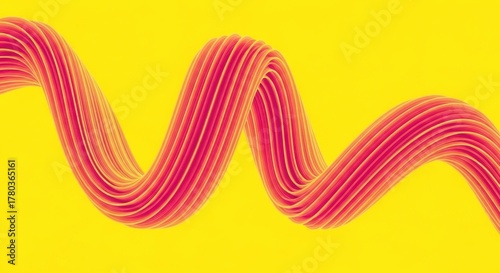 Pink flowing ribbon wave abstract modern stripe pattern on yellow backdrop