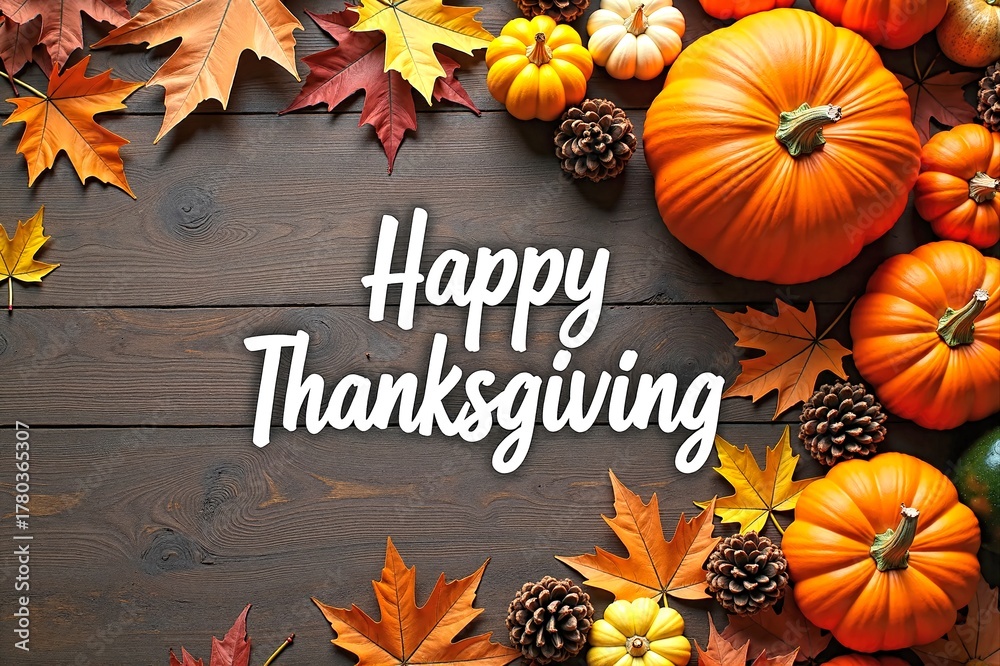 Fototapeta premium Thanksgiving Card with Pumpkins and Autumn Leaves on Wood