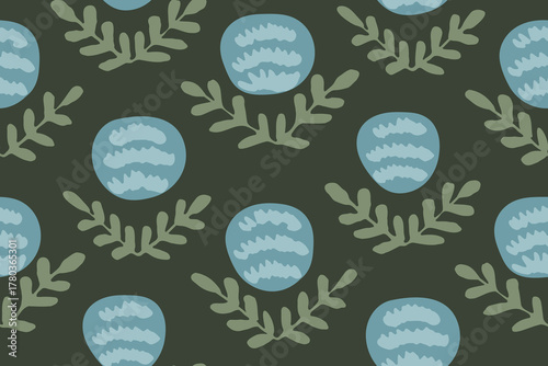 Bulb shaped round flowers with leaf sprigs, forming an abstract floral pattern in colors of blue and green on dark green background. Botanical seamless vector pattern. Great for home decor, fabric.
