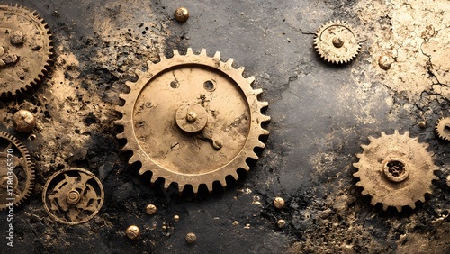 Intricate vintage golden gears and cogs scattered across a dark, textured industrial background, evoking the complexity of machinery and timeless engineering