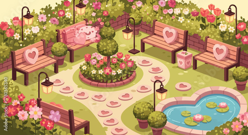Charming Valentines Day Garden Scene with Benches and Pond.