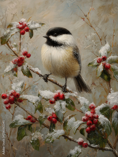 Chickadee on Snowy Holly Branch - Oil Painting Style