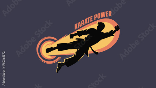 Dynamic karate master silhouette delivering a powerful flying kick with speed and precision for martial arts training and fitness motivation