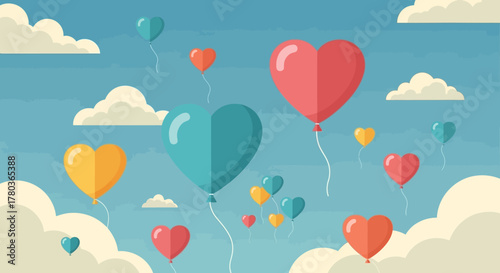 Heart-shaped balloons floating in a blue sky with clouds.