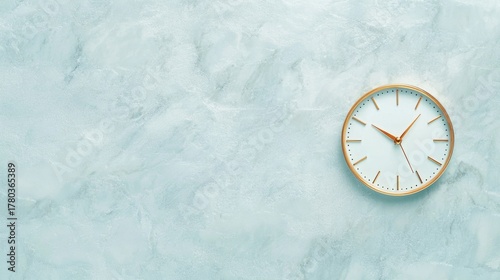 A white clock with gold hands and numbers on a light blue marble background.
