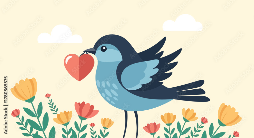 Obraz premium Illustration of a bird holding a heart in its beak.