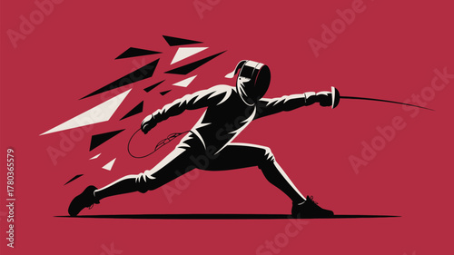 Dynamic fencer lunging with foil, action shot against red background for sports marketing and athletic brand promotion needs now