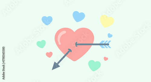 Heart pierced by arrow surrounded by smaller hearts, love concept.