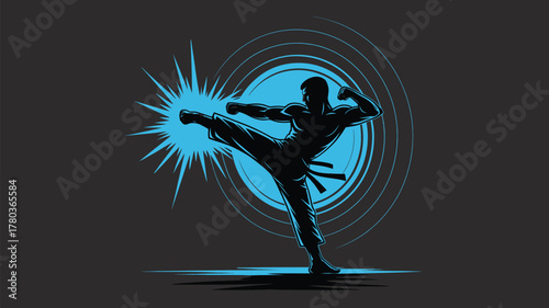 Dynamic martial artist delivering a powerful kick, perfect for fitness, sport, or self-defense promotions with a strong, impactful visual statement