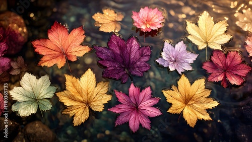 A captivating display of vibrantly colored, stylized autumn leaves gently floating on a serene water surface, creating a tranquil and picturesque natural tapestry