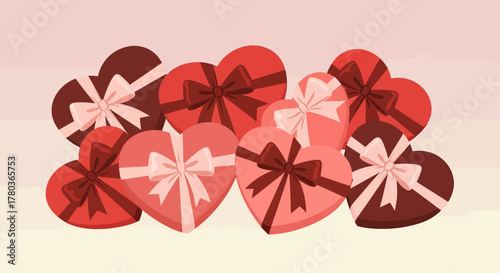 Heart-shaped boxes of chocolates with ribbons, a sweet Valentines Day gift.