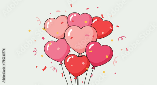 Heart Balloons Floating in Air with Confetti Celebration.