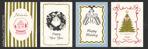 Set of hand drawn sketch Christmas and New Year cards. Whimsical holiday posters with vintage snow globe, wreath, winter mittens and festive Christmas tree with ribbons.
