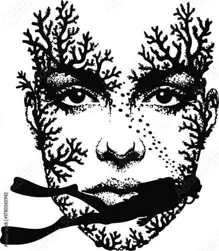 Black and white illustration of a human face formed by coral and a diver