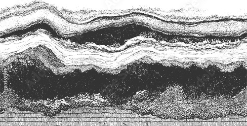 Black and white abstract geological strata texture with wavy layers and granular patterns background