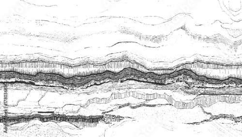 Black and white abstract line art texture with layered geological strata patterns background