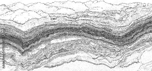 Detailed black and white illustration of geological strata and rock formations geology layers