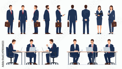 Collection of business people in suits, showing various poses and actions