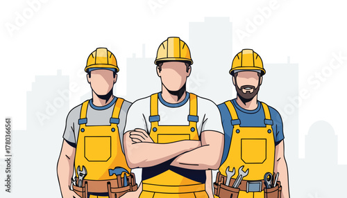 Three construction workers wearing hard hats and yellow overalls, standing confidently with arms crossed