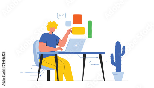 Young man working on a laptop at a desk with colorful sticky notes and a cactus