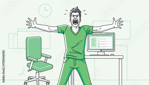 Man screaming in frustration at his computer in an office setting, overwhelmed by work and deadlines