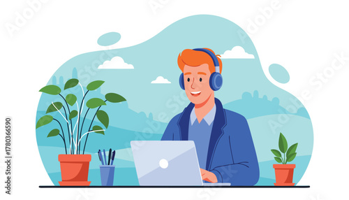 Young man with headphones working on a laptop computer in a home office setting with plants and a cloudy sky in the background