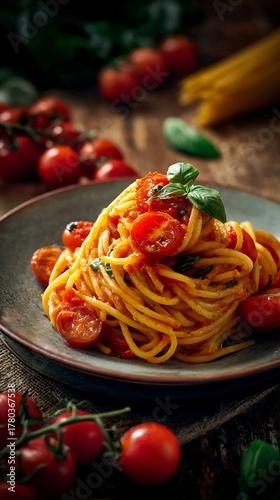 A delicious plate of spaghetti with fresh cherry tomatoes and basil, a classic italian dish that is perfect for a quick and easy meal, on a rustic wooden table.