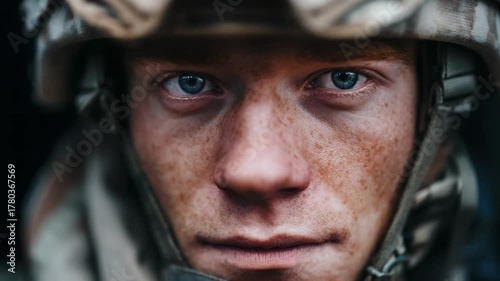 Close-up of a young soldier in camouflage gear wearing a helmet, looking to the side with a calm, weary expression.