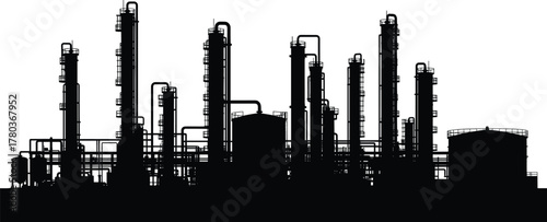 Industrial refinery silhouette—distillation towers, pipes, and tanks in black vector illustration of petrochemical or chemical plant infrastructure