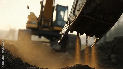 An excavator bucket digging into soil at a construction site, with sunlight behind the machine.