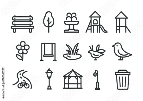 Minimalist park icon set featuring playground, nature, and infrastructure elements