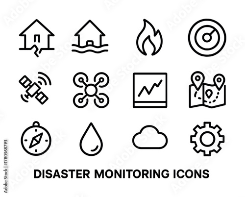 Disaster monitoring icons collection for emergency response and environmental safety