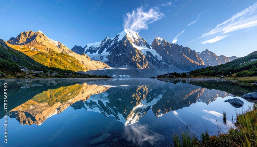 Naklejka premium Majestic Snow Capped Mountains Reflected in a Calm Lake During a Golden Sunrise with Wispy Clouds and Rocky Shoreline