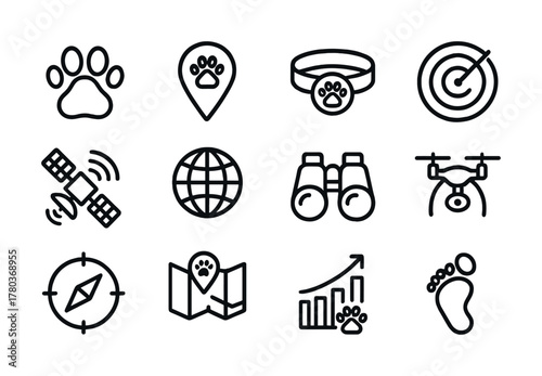 Pet tracking icons: paw, collar, gps, drone, map, graph, compass
