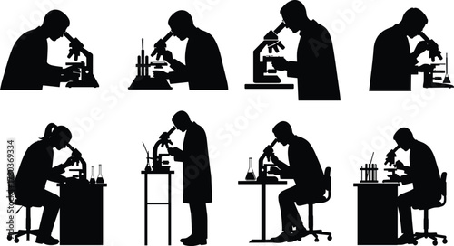 Microscope user silhouettes, scientific research, lab equipment, seated and standing posture, observation, analysis, laboratory work, science study, experiment, discovery