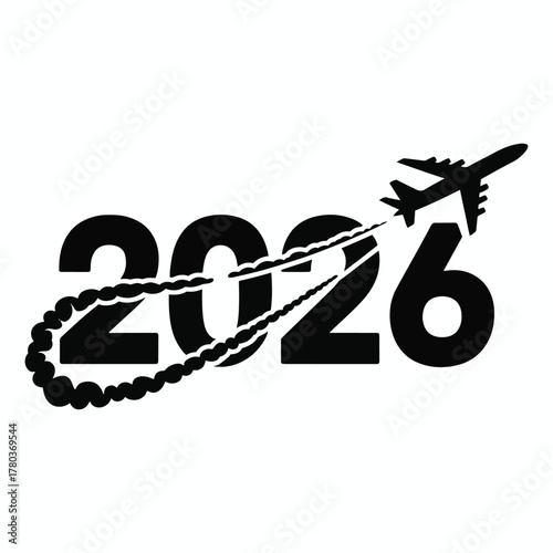 Black airplane silhouette flying through 2026 numbers leaving smoke trail aircraft travel