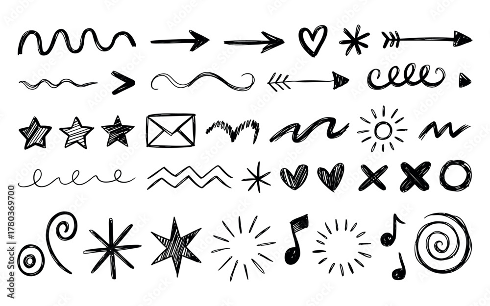 Fototapeta premium Hand-drawn doodle elements including arrows, hearts, stars, swirls, highlights, and underlines.