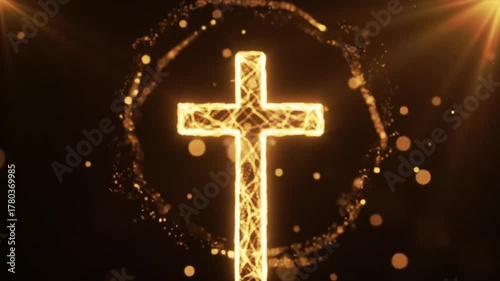 A glowing golden cross slowly emerging from soft light rays, surrounded by warm golden particles and gentle motion, cinematic lighting, calm atmosphere, isolated on dark background.