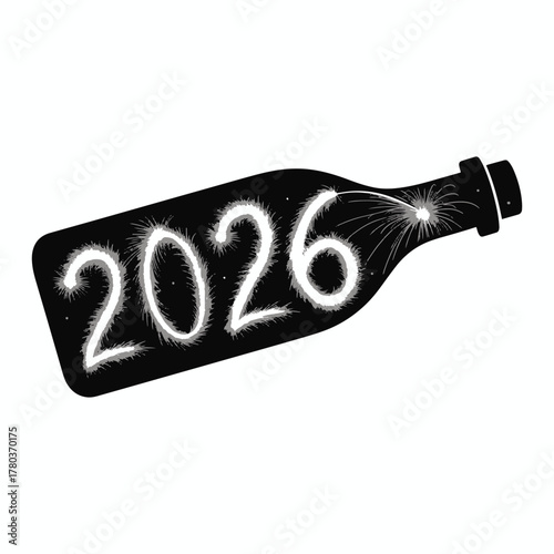 Black bottle with white fuzzy numbers 2026 and sparkling fireworks new year celebration