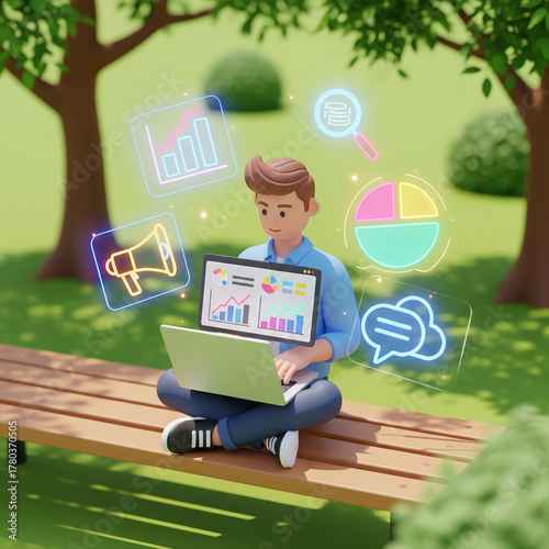 Dynamic entrepreneur analyzing marketing data in vibrant park setting with laptop, showcasing business intelligence and strategic planning for modern success
