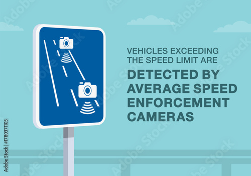 Safe driving tips and traffic regulation rules. Close-up of european "average speed control" sign meaning. Vehicles exceeding the speed limit are detected. Flat vector illustration template.