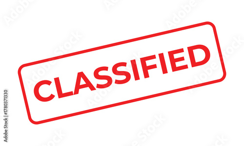 Red “CLASSIFIED” stamp text on a white background, representing secrecy, restricted access, and confidential information. Perfect for security, privacy, and government documentation visuals.