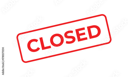 Red “CLOSED” text stamp on a clean white background, representing business closure, office hours, restricted access, or unavailable services. Ideal for signage, notices, and web graphics.