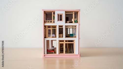 Modern Wooden Dollhouse Architectural Model with Detailed Interiors