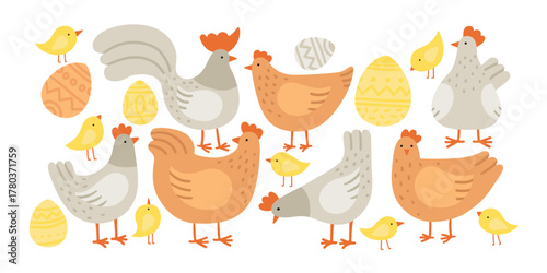 Vector colored hens, rooster, chickens and hen eggs. Doodle illustration isolated on white background. Set of birds for Easter, decor, invitation, cards. Farm, organic meat farming.